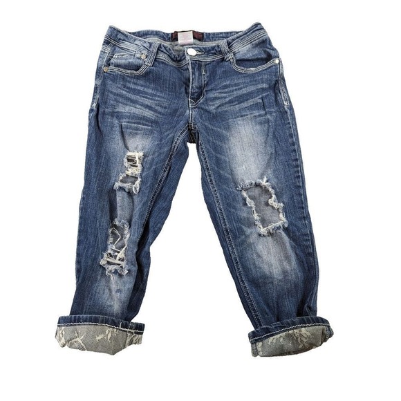 NOBO No Boundaries Jeans Womens Cropped Blue Distressed Cuffed Grunge Y2K Size 5 - Picture 1 of 8